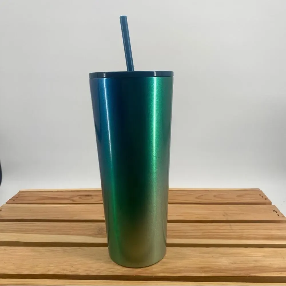 Starbucks 2021 Holiday Stainless Steel Blue & Green Ombre Tumbler 24 Oz Cold Cup